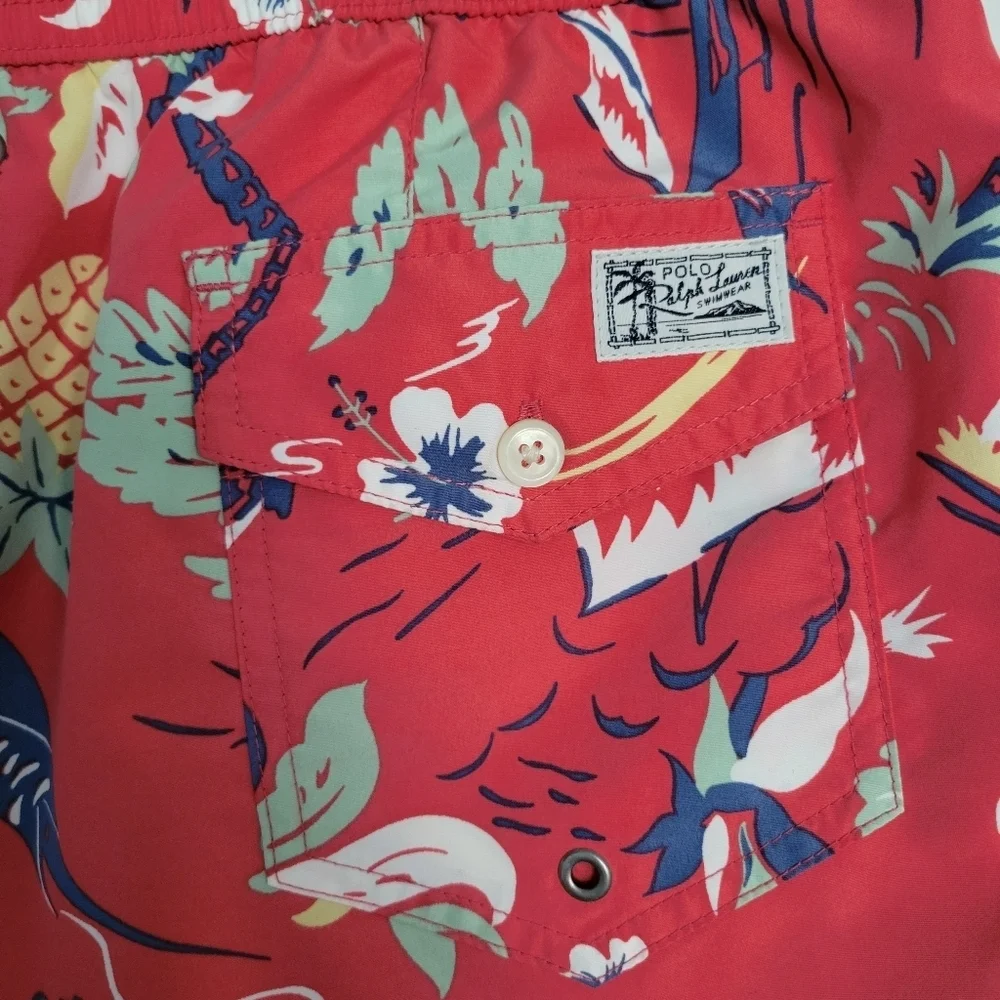Polo Ralph Lauren Swim Trunks Mens L Pink Netted Hawaiian Sail Boat Palm Tree
